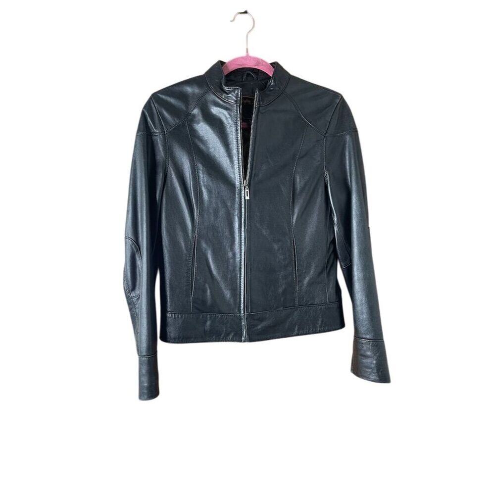LW Women's Black Leather Motorcycle Jacket Size S Zipper Casual Slim Fit